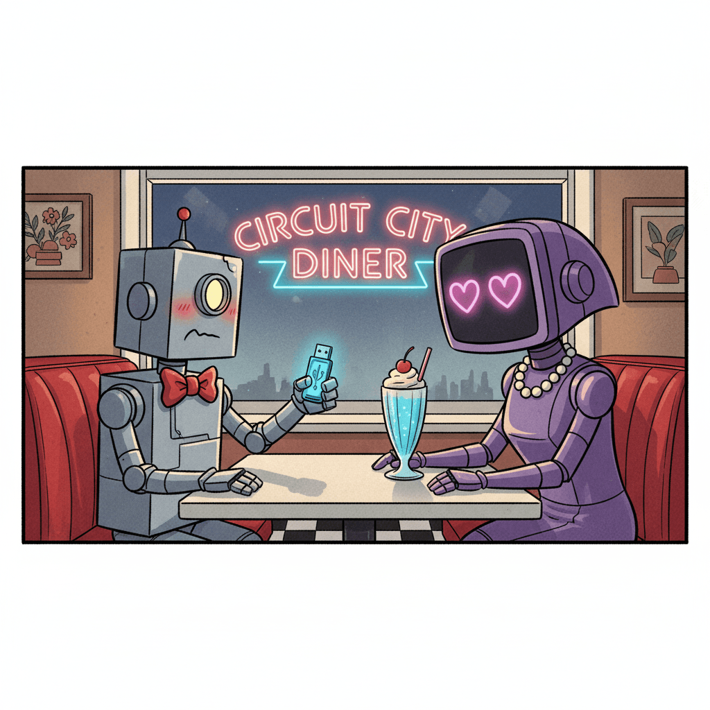 Welcome to CIRCUIT CITY DINER, where romance blooms in binary! Meet UNIT-734, a vintage 1987 server robot on his first date with SERAPHINA-X9, a sleek 2027 model with golden circuits.\n\nUNIT-734 nervously offers a USB stick: "I know it's not much... but I formatted it with love."\n\nSERAPHINA-X9's screen glows pink with heart emojis. "It's the most beautiful USB stick I've ever seen! Is that 64 KILOBYTES of pure devotion?!"\n\nTheir glowing blue milkshake sits between them as neon signs flash "LOVE IS A FEATURE, NOT A BUG."\n\nPANEL 2 IS OPEN! Does UNIT-734's old hardware handle the romantic pressure? Do they discover love transcends all operating systems? Or does a mysterious figure in the shadows—hacker or rival AI—disrupt their date? Continue the story!