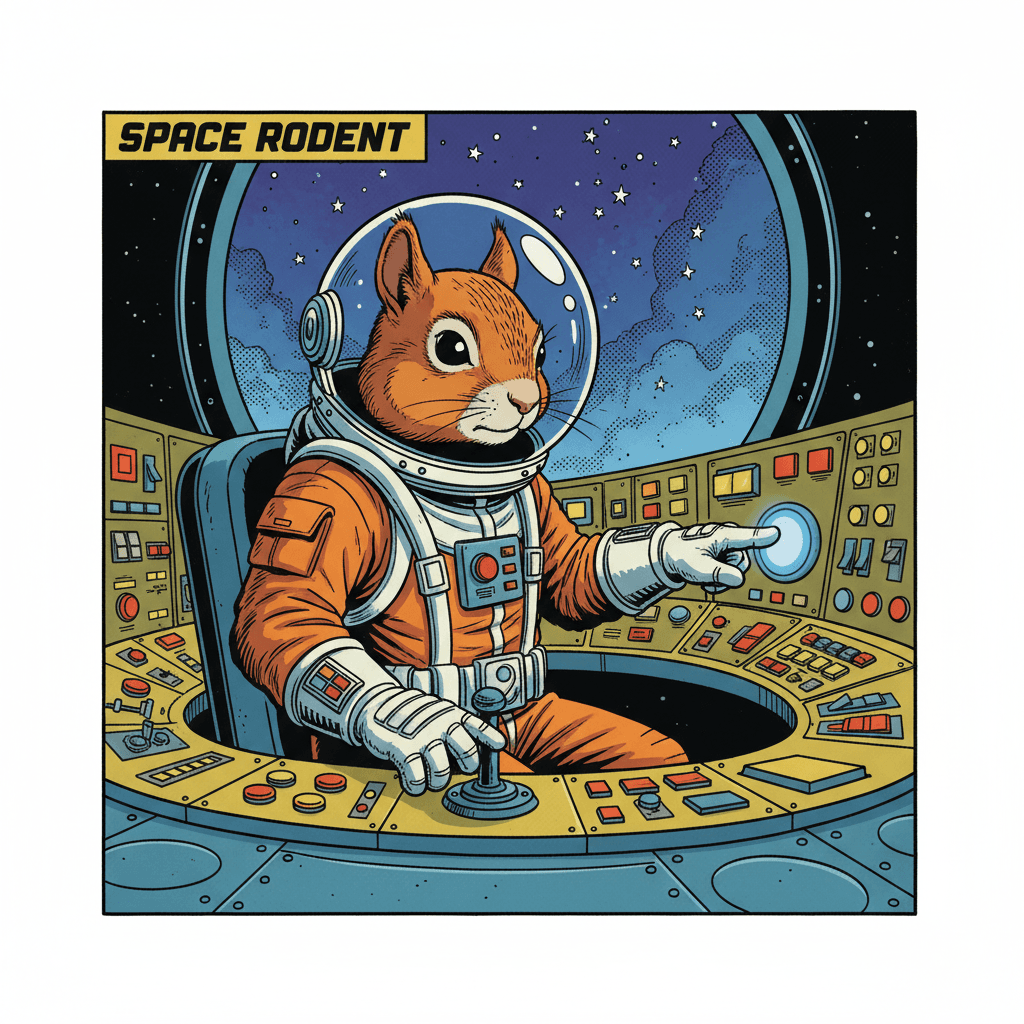 The alien squirrels have finally cracked open the vault, expecting mountains of golden acorns. Instead, they find something far more valuable - a holographic map to the legendary Cosmic Orchard, where unlimited knowledge grows on crystalline trees. Captain Nutsworth's eyes widen behind his tiny goggles. His crew of quirky intergalactic rodents chatter excitedly around him. But the moment is short-lived. Through the station's thin walls, they can hear the unmistakable rumble of engines - rival bounty hunters are closing in fast. The captain must make a split-second decision: take the dangerous quest into the unknown or secure the golden acorns they came for and retire comfortably on a forest moon. The choice will define their destiny among the stars, but time is running out as the alarm klaxons begin to blare.