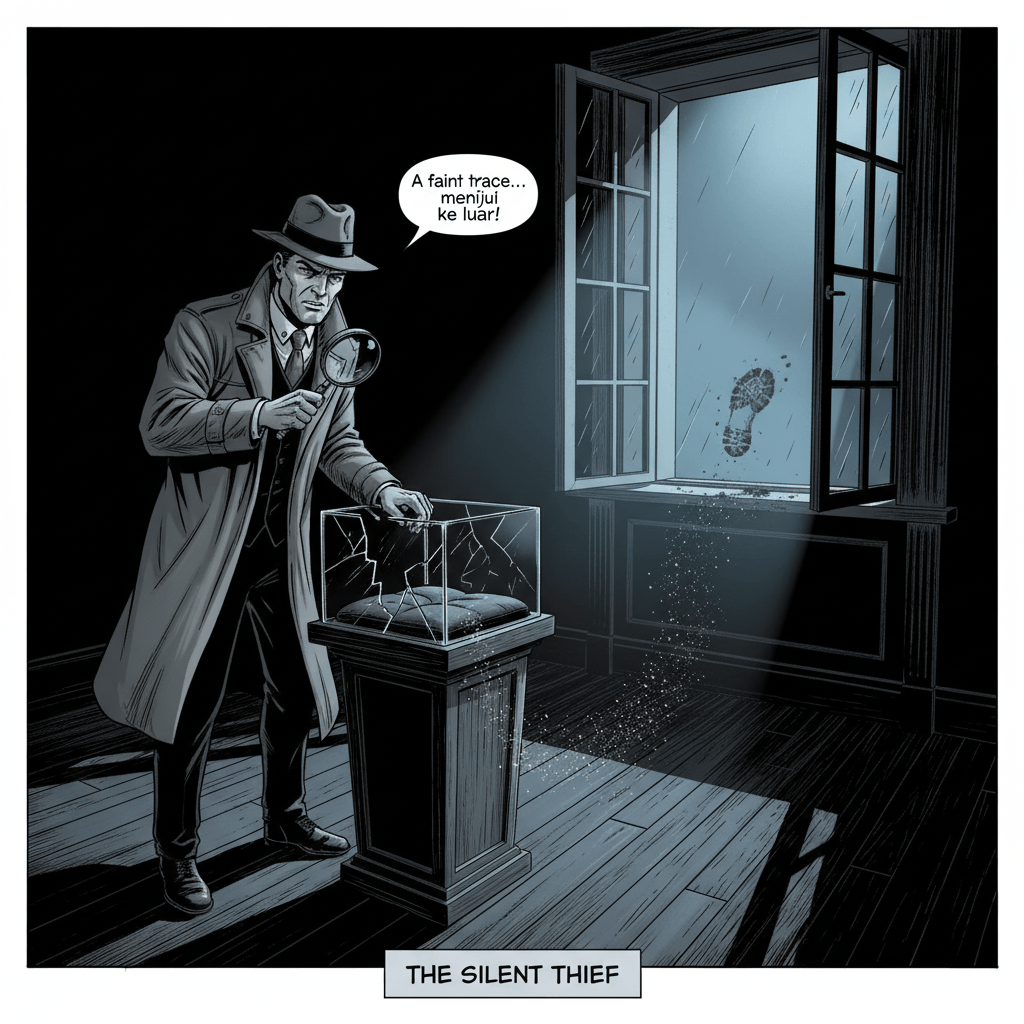 Detective Marlowe pulled a silk handkerchief from his coat pocket, carefully lifting the muddy bootprint impression from the windowsill. The print was distinctive — hand-stitched leather, size thirteen, a small horseshoe brand. He was looking for someone who considered themselves above suspicion. The footman, Thomas, had been conveniently absent during the theft. But Marlowe had been in this business long enough to know: the butler almost never did it. The real thief wanted to be caught. He heard footsteps on the stairs — light, deliberate, and coming toward him.