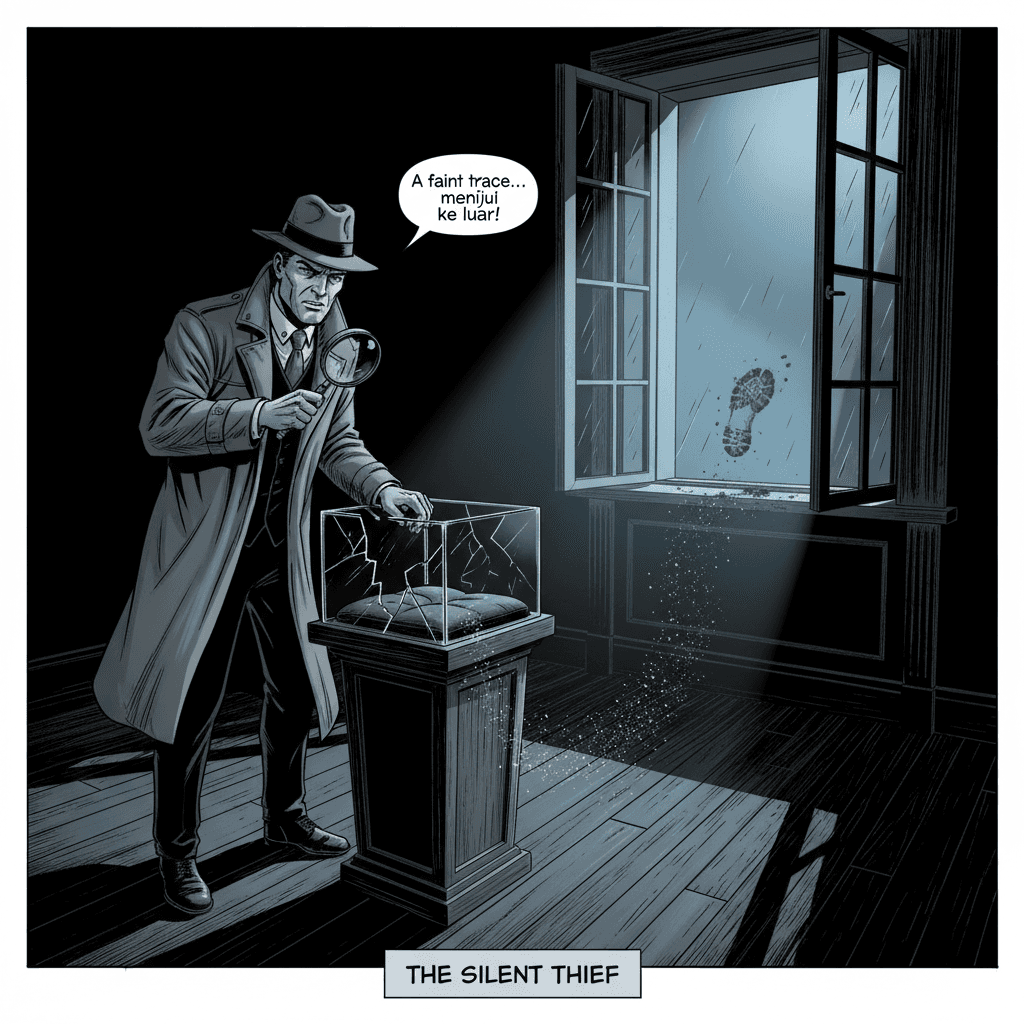 Detective Marlowe pulled a silk handkerchief from his coat pocket, carefully lifting the muddy bootprint impression from the windowsill. The print was distinctive — hand-stitched leather, size thirteen, a small horseshoe brand. He was looking for someone who considered themselves above suspicion. The footman, Thomas, had been conveniently absent during the theft. But Marlowe had been in this business long enough to know: the butler almost never did it. The real thief wanted to be caught. He heard footsteps on the stairs — light, deliberate, and coming toward him.