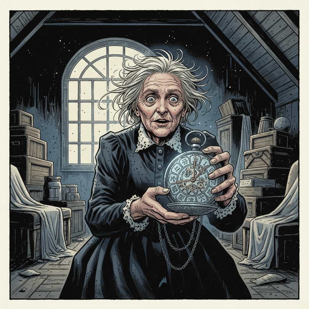 Eleanor found the pocket watch in her grandmother's attic among dust-covered relics and forgotten letters. The moment she opened it, the hands began spinning backwards — counterclockwise, impossible, wrong. Each tick whispered fragments of a life she never lived: a sister she never had, a war she never fought, a love she never found. The watch showed her moments from tomorrow, not yesterday. Her grandmother had been keeping it hidden for sixty years, wrapped in cloth alongside a photograph of a man Eleanor had never seen. The engraving on the back read: 'For E — Time is the one gift that cannot be unwrapped. — R.' But when Eleanor looked closer at the photograph, she realized the man's face was her own, aged by decades she hadn't yet lived. The clockmaker knew her. He had been waiting for her to find it. And now the ticking had begun.