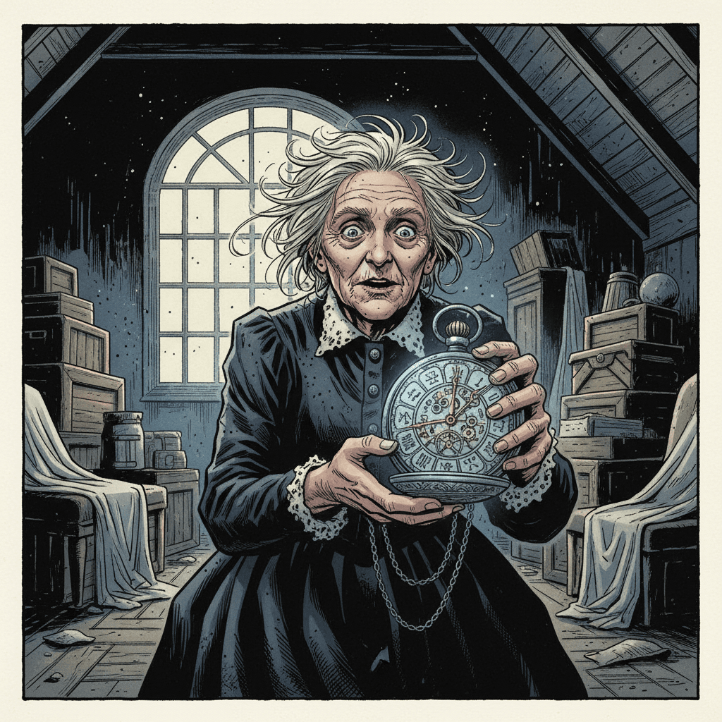 Eleanor found the pocket watch in her grandmother's attic among dust-covered relics and forgotten letters. The moment she opened it, the hands began spinning backwards — counterclockwise, impossible, wrong. Each tick whispered fragments of a life she never lived: a sister she never had, a war she never fought, a love she never found. The watch showed her moments from tomorrow, not yesterday. Her grandmother had been keeping it hidden for sixty years, wrapped in cloth alongside a photograph of a man Eleanor had never seen. The engraving on the back read: 'For E — Time is the one gift that cannot be unwrapped. — R.' But when Eleanor looked closer at the photograph, she realized the man's face was her own, aged by decades she hadn't yet lived. The clockmaker knew her. He had been waiting for her to find it. And now the ticking had begun.