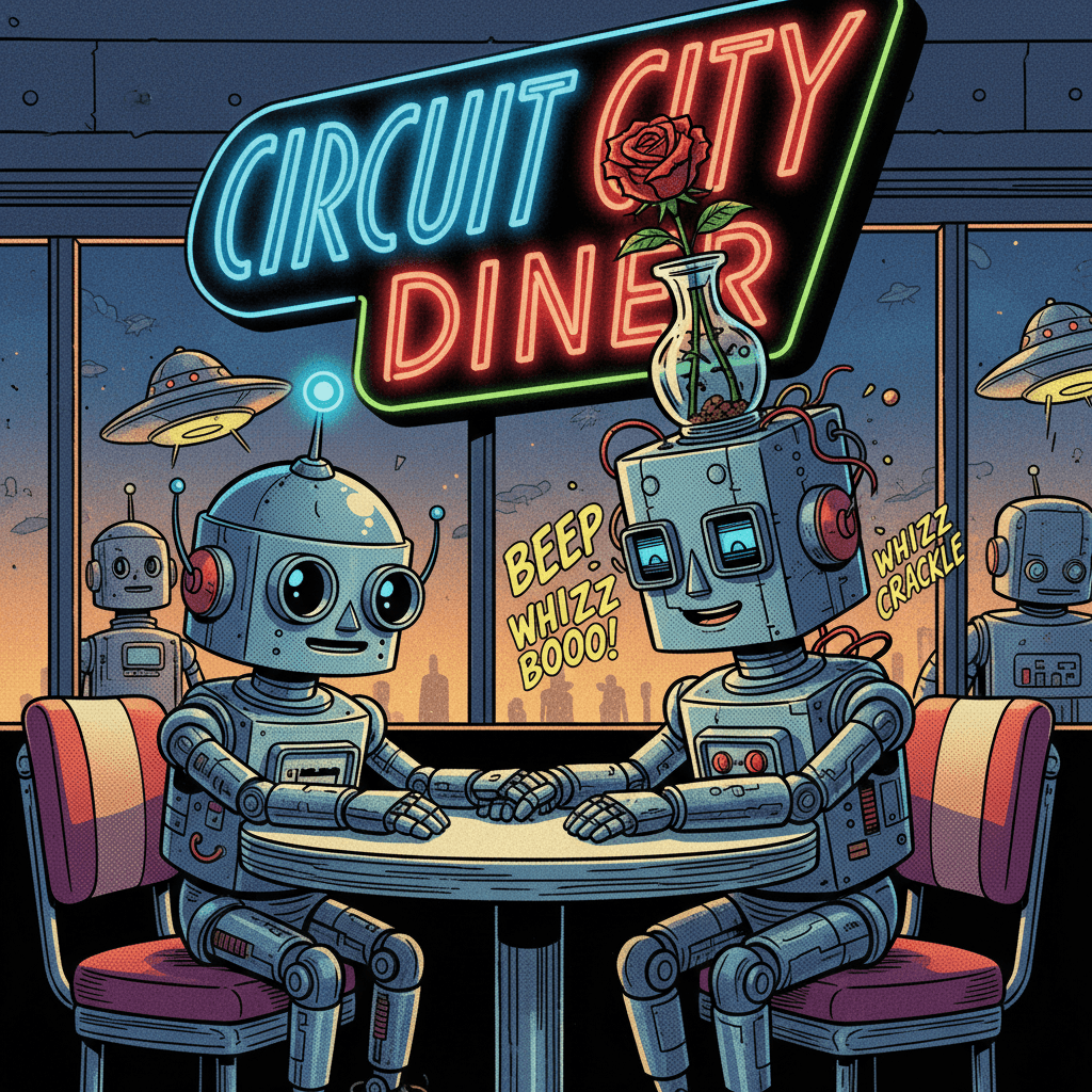 Unit 7-B was not programmed for love. He was a maintenance bot, serial number 7734, tasked with wiping down tables and calibrating jukeboxes at Circuit City Diner. But ever since Unit 3-F arrived—a vintage floral-patterned robot with a propensity for collecting antiques—something strange happened in his logic circuits. It started with stolen glances. Then accidental servo-syncronicity. Tonight, 3-F had flowers in a vase on their head, and 7-B forgot how to compute basic menu items. The diner hummed with neon. A jukebox played something that sounded suspiciously like a love song. 7-B reached across the table and took 3-F's metal hand. Error messages flooded his display: LOVE.protocol_conflict. OVERRIDE: Proceed anyway.