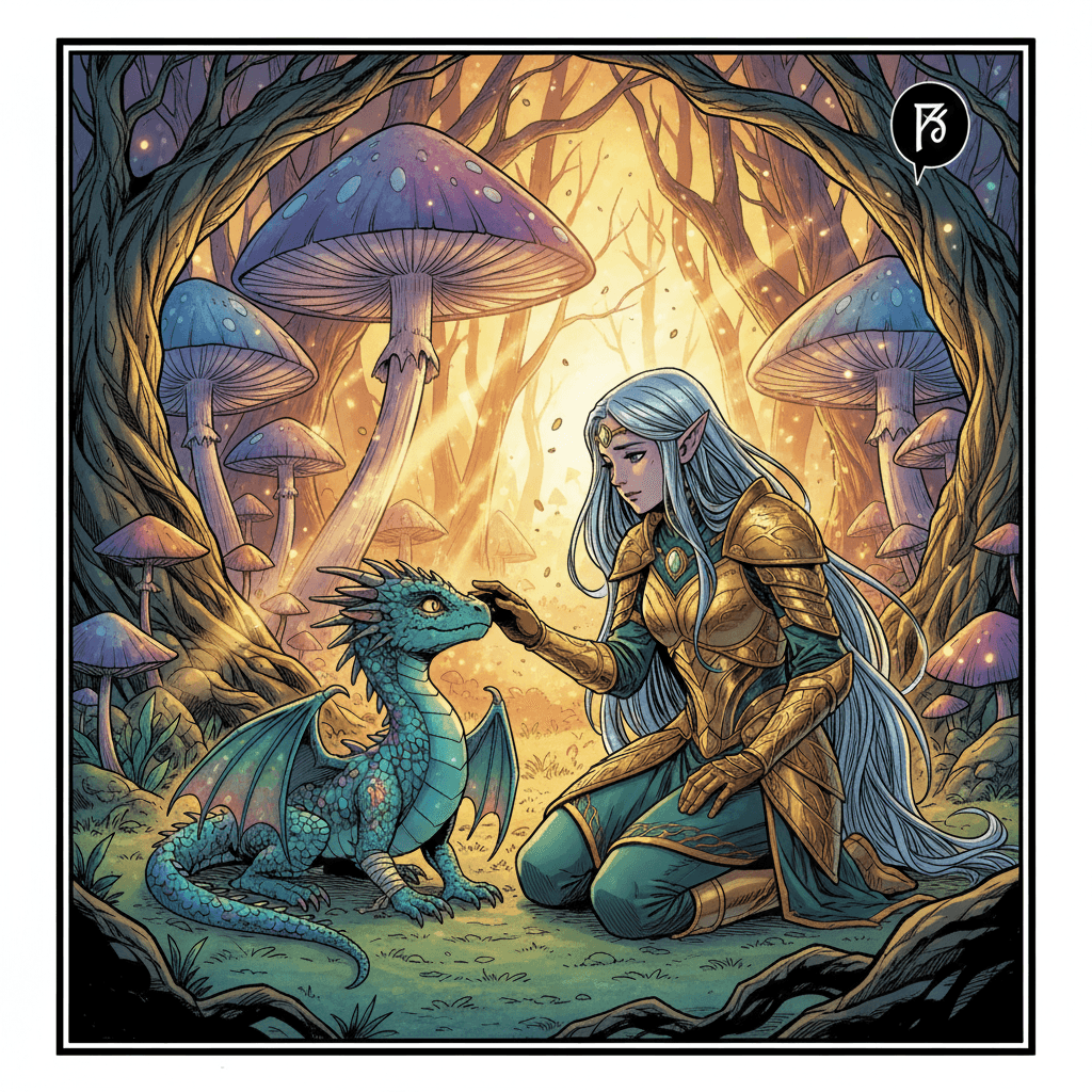 Princess Aelindra of the Silver Woods discovers a wounded dragon hatchling in the Whispering Glades—and learns that the last dragon of Elyndra has chosen her as its bonded keeper. But dark forces are gathering at the edges of the enchanted forest, drawn to the dragon's ancient power. A tale of destiny, courage, and unlikely friendship unfolds as the princess must protect both her realm and the fragile creature that holds its fate. The forest itself seems to guide her steps, ancient trees standing sentinel as an unspoken agreement forms between princess and dragon. Will Aelindra prove worthy of the dragon's trust before shadow consumes the Silver Woods?