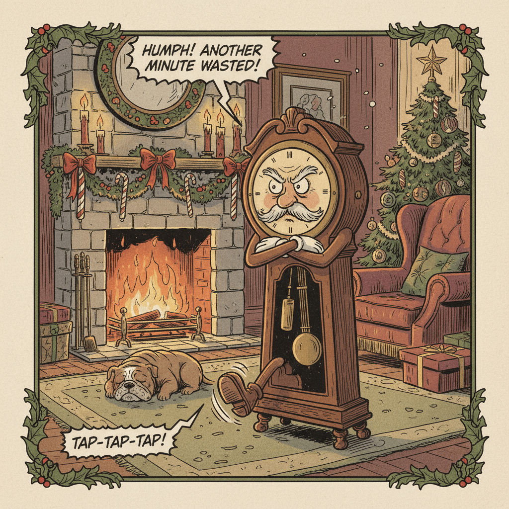 When Reginald the grandfather clock discovers that the family dog has been winding him up with a bone instead of the proper key, he decides to take matters into his own tiny hands. Tonight, on Christmas Eve, Reginald is going to wind HIMSELF up - even if it means a daring midnight heist of the key drawer. But as he tip-toes through the living room, he accidentally bumps into the Christmas tree, setting off a chain reaction of falling ornaments that wakes the entire household. Santa himself would be impressed by this clock's chaotic commitment to being wound.