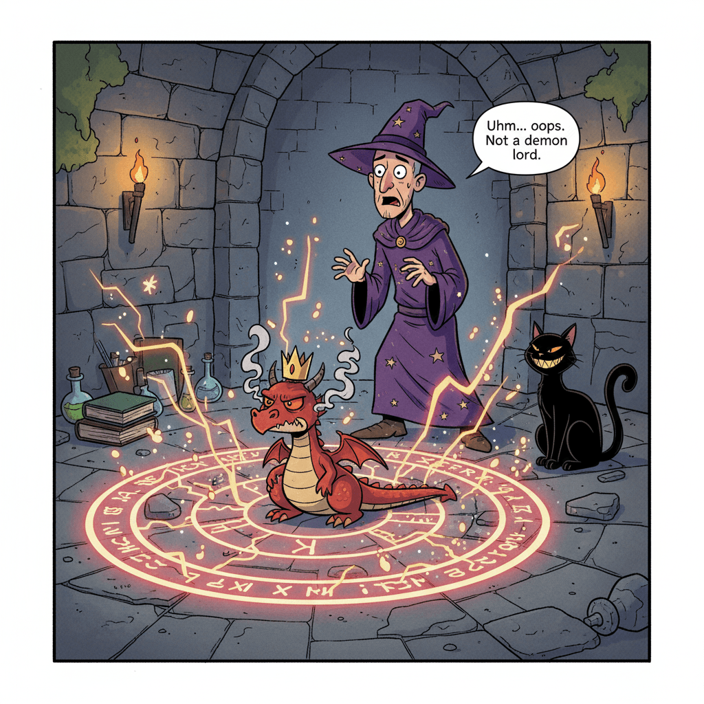 Edmund the apprentice wizard stared in horror at the tiny dragon now pacing angrily inside his master's carefully drawn summoning circle. The ancient tome of binding lay open to a page that definitely did NOT show a reptilian monarch. 'Your Majesty,' he squeaked, 'I can explain — there was a typo in the Latin, you see, and instead of Malachar the Demon Lord of the Seventh Pit, I've accidentally summoned... Reggie, First of His Name, Supreme Overlord of the Fishmarket District.' The dragon sneezed a tiny gout of flame that set the curtains on fire. Somewhere in the basement, Edmund's cat familiar purred smugly. This was going to be a very long apprenticeship.