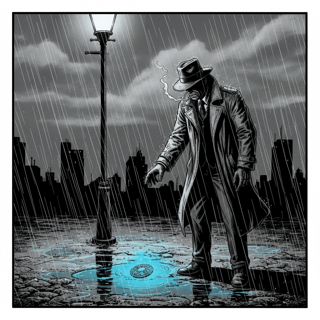 Detective Marlowe found the amulet at the scene of the crime—but its blue glow seemed to pulse with a warning. As rain fell on the glass-strewn alley, he wondered: who left this here, and why did it feel like it was watching him back? The inscription along its edge was worn but legible: 'Whosoever bears this stone shall see the truth that hides.' Marlowe had heard whispers of this artifact for years—legend said it showed you every secret, every lie, every hidden face. But the price... the price was steep. Some said you couldn't look away once you started. Some said you couldn't stop seeing. He pocketed it anyway. The case had gone cold for too long, and the amulet was warm in his hand, almost alive.